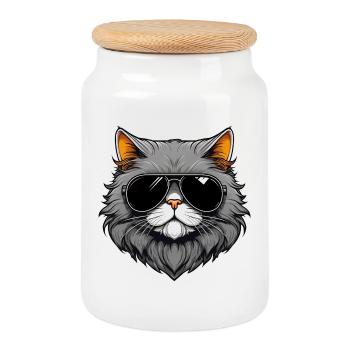 Chat zen avec lunettes de soleil - Boîte à biscuits avec couvercle en bois - blanc - Devant