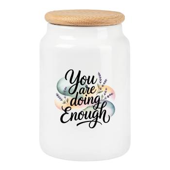 Motivationsthema mit der Aufschrift "Du tust genug" - Keksdose mit Holzdeckel - Weiß - Vorne