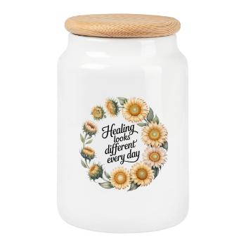 Couronne florale avec citation - Boîte à biscuits avec couvercle en bois - blanc - Devant