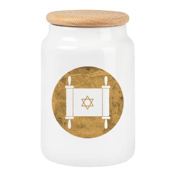 Torah scroll in a golden circle - Cookie Jar with Wooden Lid - white - Front