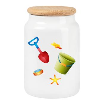 Pelle colorée et seau avec des moules sur la plage - Boîte à biscuits avec couvercle en bois - blanc - Devant