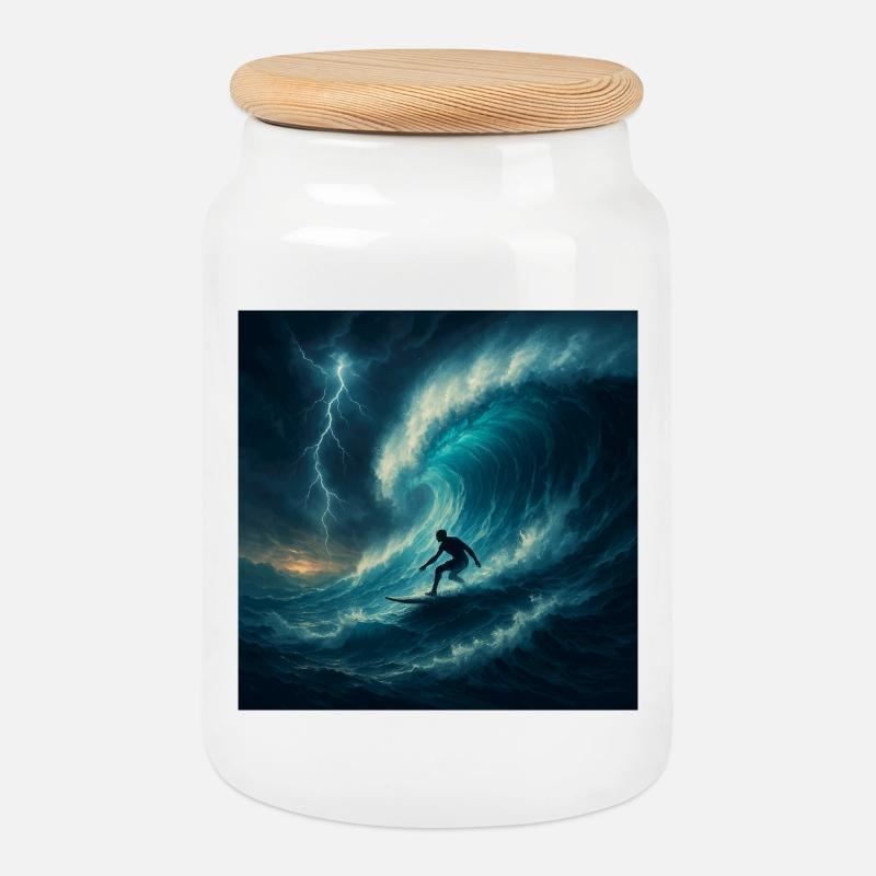 Storm Surfer - Surfen auf riesiger Welle - Keksdose mit Holzdeckel - Weiß
