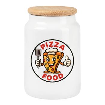 Happy Pizza drôle Pizza Chef Dessin animé Logo de la nourriture - Boîte à biscuits avec couvercle en bois - blanc - Devant