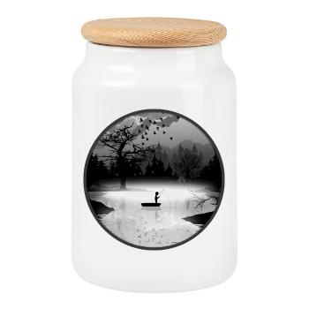 Pêcheurs dans un cadre naturel calme – style silhouette - Boîte à biscuits avec couvercle en bois - blanc - Devant