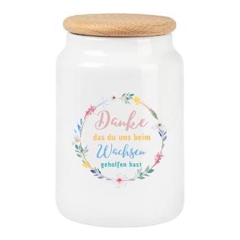 Danke das du uns beim Wachsen geholfen hast! - Keksdose mit Holzdeckel - Weiß - Vorne