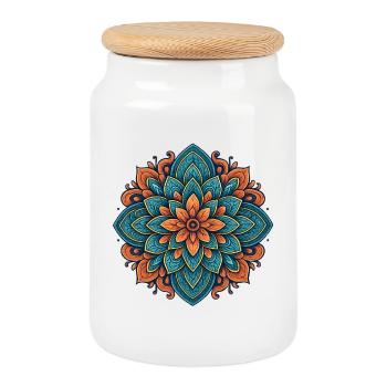 Fleur de mandala détaillée en bleu et orange - Boîte à biscuits avec couvercle en bois - blanc - Devant