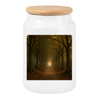 Mystical tree path in the autumn light - Cookie Jar with Wooden Lid - white - Front