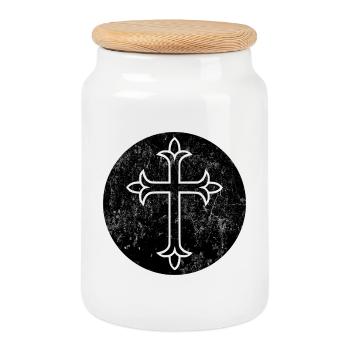 West Syriac cross in black circle - Cookie Jar with Wooden Lid - white - Front