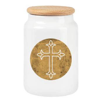 West Syriac Cross in Golden Circle - Cookie Jar with Wooden Lid - white - Front
