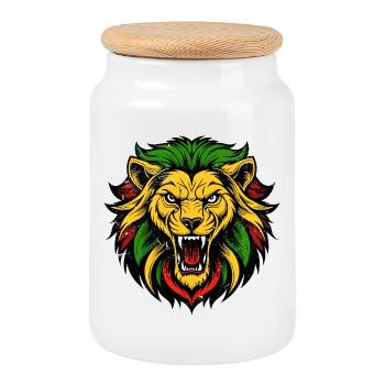 Vibrant Lion Head Tattoo Style - Cookie Jar with Wooden Lid - white - Front