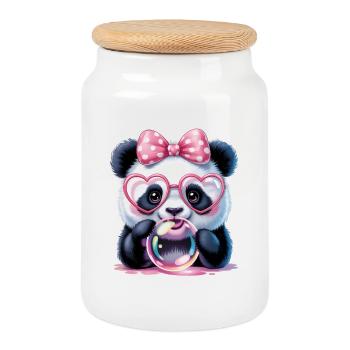 Cute Panda with Goggles and a Soap Bubble - Cookie Jar with Wooden Lid - white - Front