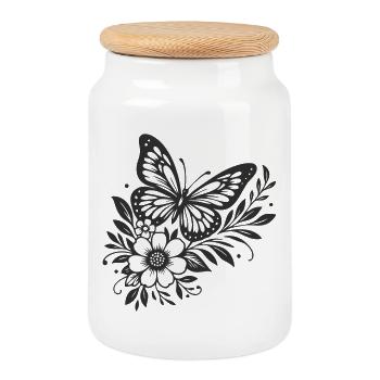 Papillon élégant et motif floral - Boîte à biscuits avec couvercle en bois - blanc - Devant
