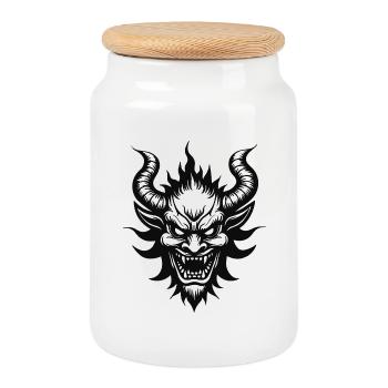Devil Hannya – Dämonen Maske im japanischen Stil - Keksdose mit Holzdeckel - Weiß - Vorne