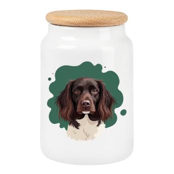 Petit Münsterlander sur fond vert - Boîte à biscuits avec couvercle en bois - blanc - Devant