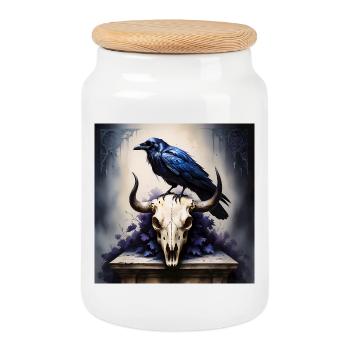 Œuvre d’art mystique corbeau et crâne de taureau - Boîte à biscuits avec couvercle en bois - blanc - Devant