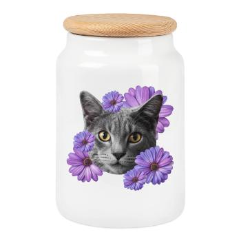 katze mit blumen - Keksdose mit Holzdeckel - Weiß - Vorne
