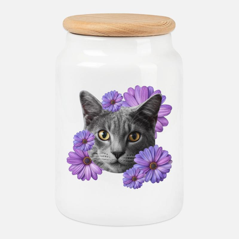 katze mit blumen - Keksdose mit Holzdeckel - Weiß