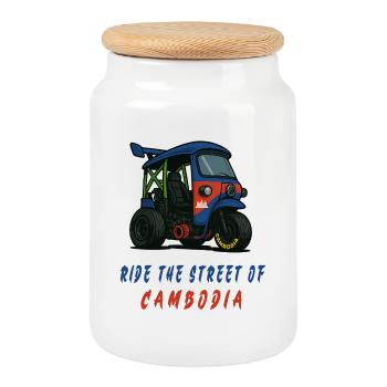 Cambodia Tuk-Tuk Racing - Cookie Jar with Wooden Lid - white - Front