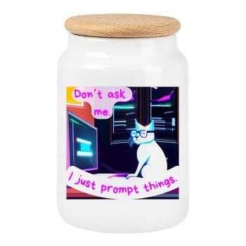 Don't Ask Me, I Just Prompt Things – Grumpy AI Cat - Cookie Jar with Wooden Lid - white - Front