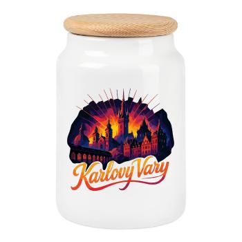 Karlovy Vary City Karlovy Vary Czech Republic Gift - Cookie Jar with Wooden Lid - white - Front