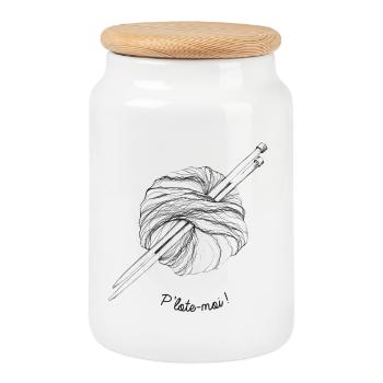 Pom-pom de fil à tricoter et pelote de laine - Boîte à biscuits avec couvercle en bois - blanc - Devant