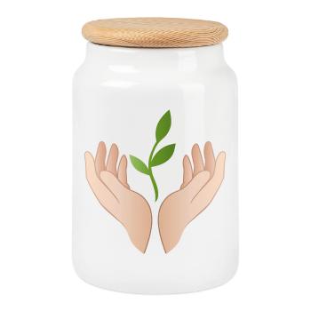 Mains avec la plante – Durabilité Nature Motif - Boîte à biscuits avec couvercle en bois - blanc - Devant