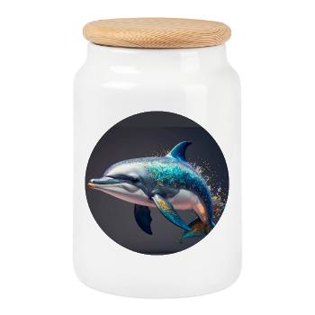Dolphin, colorful, sequins, glitter, blue - Cookie Jar with Wooden Lid - white - Front