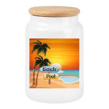 Plage tropicale avec piscine et coucher de soleil - Boîte à biscuits avec couvercle en bois - blanc - Devant