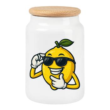 Cool Cartoon Citron avec des lunettes de soleil Drôle - Boîte à biscuits avec couvercle en bois - blanc - Devant