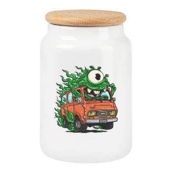 Green Monster in Retro Van - Cookie Jar with Wooden Lid - white - Front
