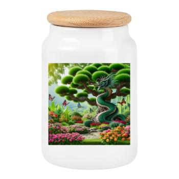 Dragon de jardin dans le style Fantasy Oriental - Boîte à biscuits avec couvercle en bois - blanc - Devant