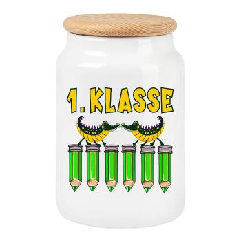 Einschulung 1. Klasse Alligatoren - Keksdose mit Holzdeckel - Weiß - Vorne