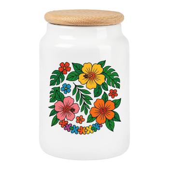 Tropical Hibiscus Floral Pattern - Cookie Jar with Wooden Lid - white - Front