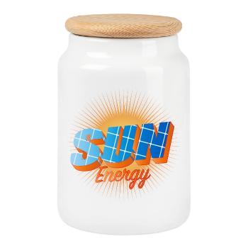 Typography with solar cells and bright sun - Cookie Jar with Wooden Lid - white - Front