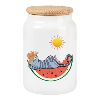 Katze mit Melone im Sonnenschein - Keksdose mit Holzdeckel - Weiß - Vorne