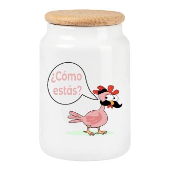 How are you - Chicken Chicken Mustache Hen - Cookie Jar with Wooden Lid - white - Front