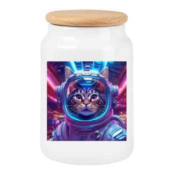 01 Cat astronaut in the neon room - Cookie Jar with Wooden Lid - white - Front