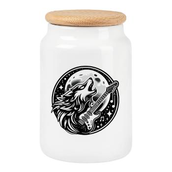 Loup Musical Lune Design - Boîte à biscuits avec couvercle en bois - blanc - Devant