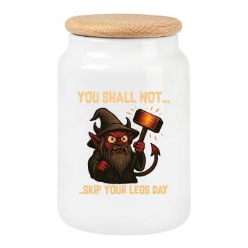 You Shall Not Skip... Leg Day - Cookie Jar with Wooden Lid - white - Front