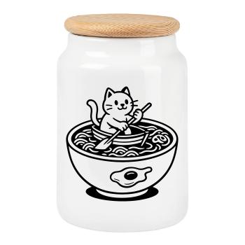 Cute Noudle Soup Cat - Cookie Jar with Wooden Lid - white - Front