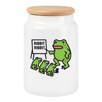 Frog Teaching with Ribbit Phrase - Cookie Jar with Wooden Lid - white - Front