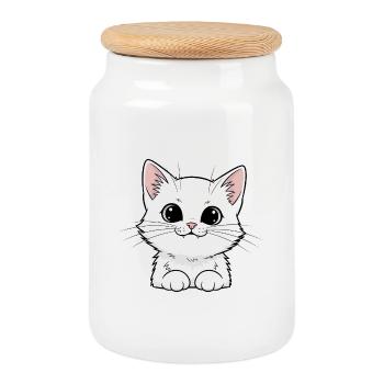 Cute White Kitten Design - Cookie Jar with Wooden Lid - white - Front