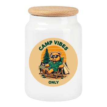 Camp Vibes Bär Camping Logo - Keksdose mit Holzdeckel - Weiß - Vorne