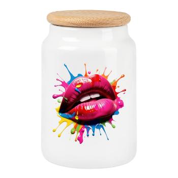 Vivid Lip Art with Color Splash - Cookie Jar with Wooden Lid - white - Front