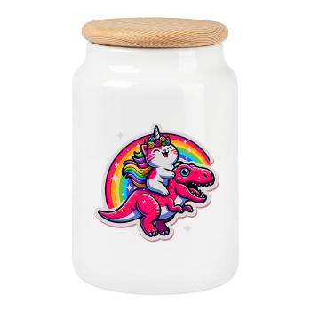 Buntes Einhorn T-Rex Fusion Illustration - Keksdose mit Holzdeckel - Weiß - Vorne