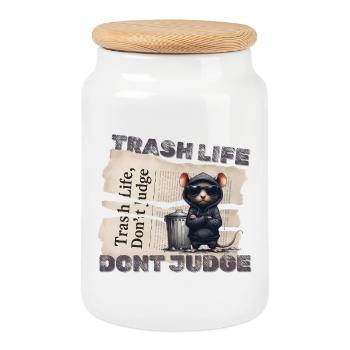 Trashratte mit Sonnenbrille und Trash-Motiv - Keksdose mit Holzdeckel - Weiß - Vorne