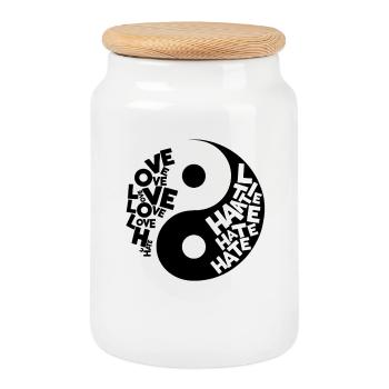 Yin Yang design with LOVE and HATE – bold contrast - Cookie Jar with Wooden Lid - white - Front