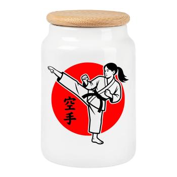 Karate Yokogeri female - Cookie Jar with Wooden Lid - white - Front