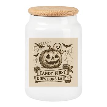 Halloween pumpkin with ghost and banner - Cookie Jar with Wooden Lid - white - Front