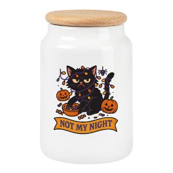 War Moody Halloween Cat with Pumpkins - Cookie Jar with Wooden Lid - white - Front